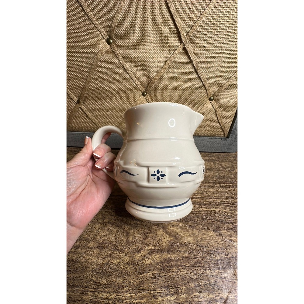 Longaberger Pottery Woven Traditions Classic Blue Pitcher 5.75" Tall 4.75" Wide